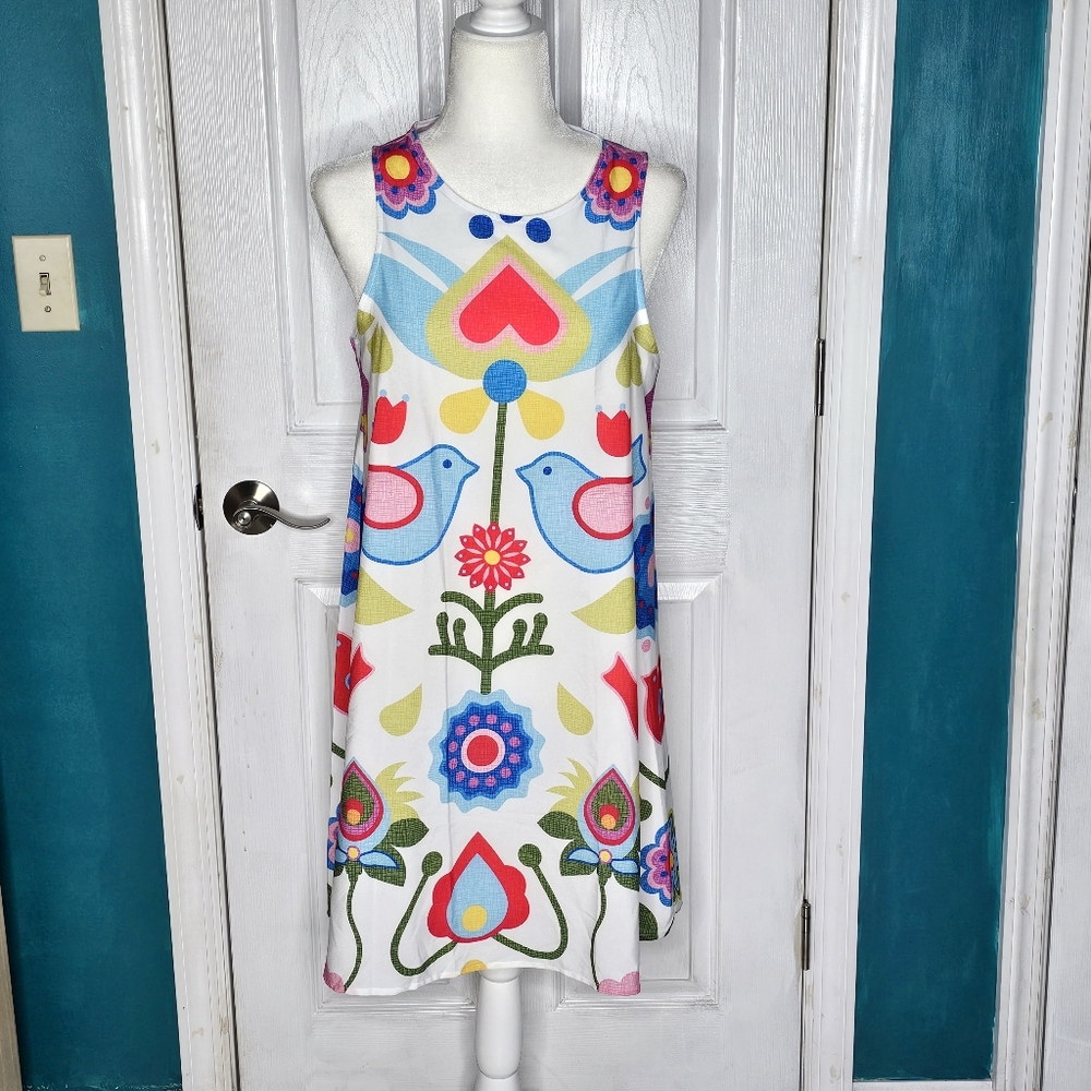 Scandinavian Print Colorful Floral Sleeveless Dress NWOT